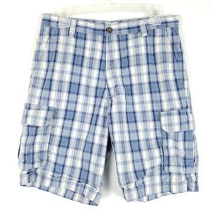 Dockers Cargo Shorts Mens 32 Blue Plaid Lightweight Flat Front